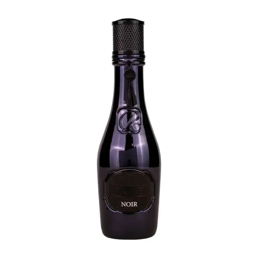 Schwarzer Luxus Parfumflakon mit Aufschrift Noir, elegant und modern