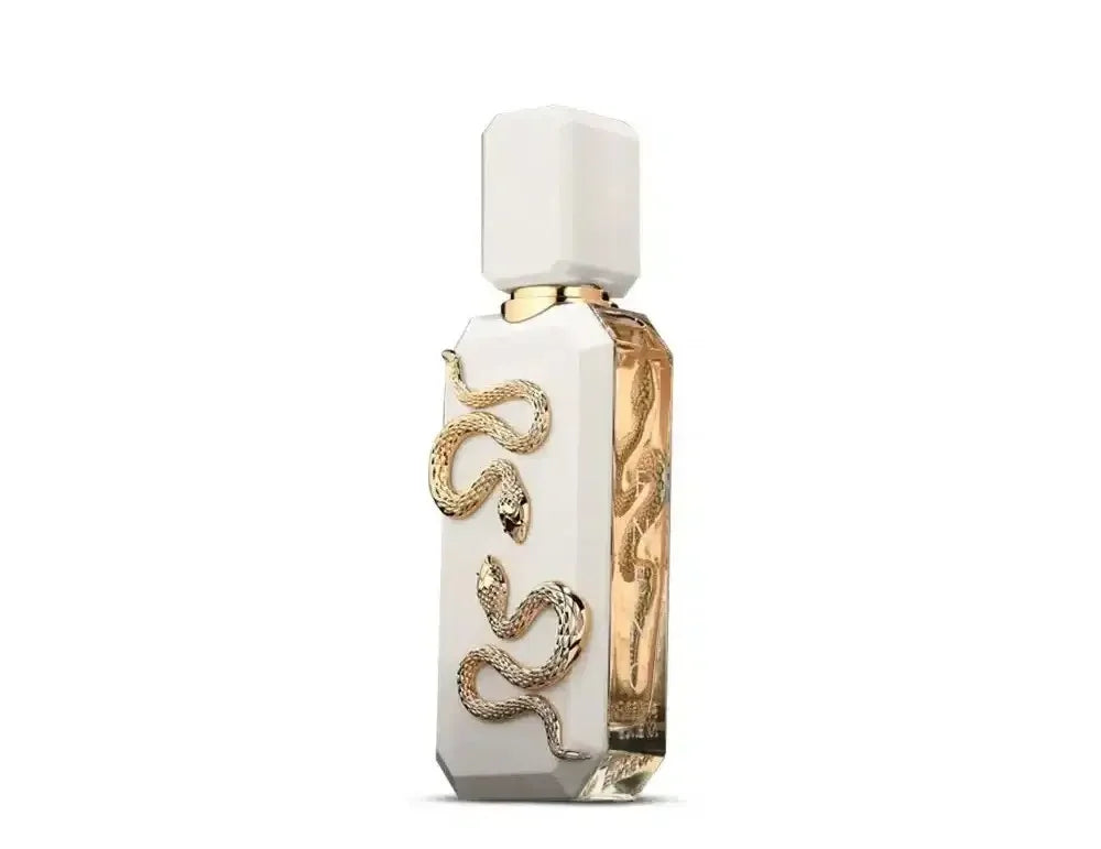 Luxusparfumflakon mit weiß-goldenem Design und goldener Schlangenverzierung