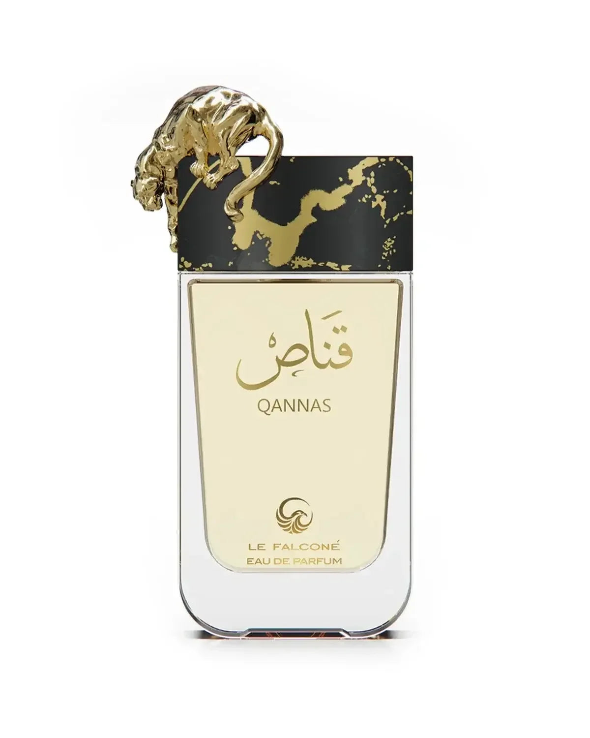 Luxuriöses Parfumflakon mit goldener Pantherfigur auf dem Verschluss, QANNAS Schriftzug