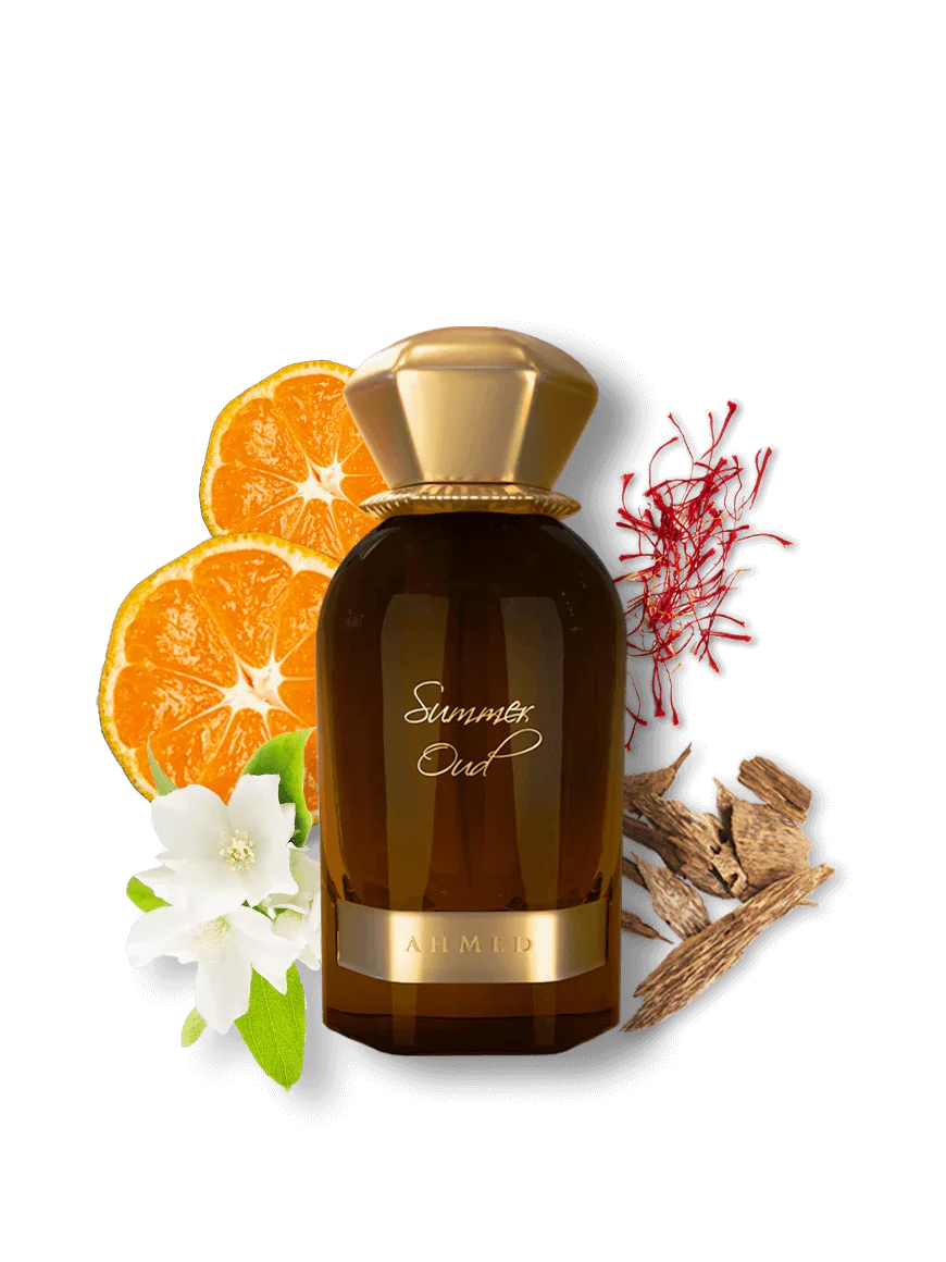 Luxusparfum Summer Oud Flakon vor Mandarine, weißen Blüten, Oud-Holz und Safran