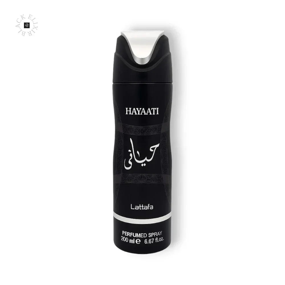 Schwarzes Hayaati Lattfa Parfum Deo-Spray 200ml vor weißem Hintergrund
