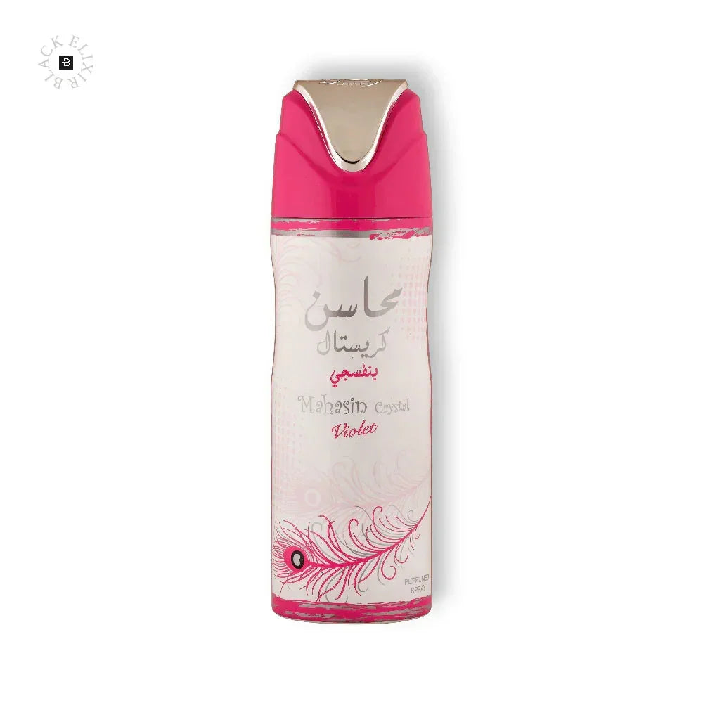 Elegantes Parfümspray Mahasin Crystal Violet, weiß-rosa Flakon mit Verzierungen.