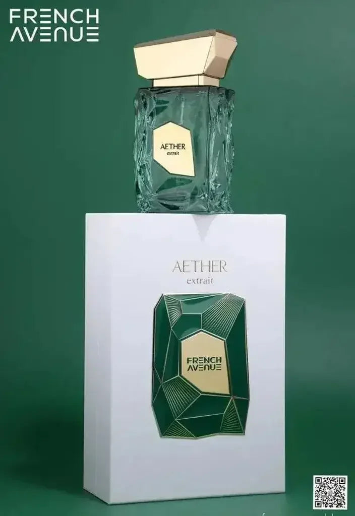 Luxusparfum French Avenue Aether Extrait, eleganter Flakon mit goldfarbenem Deckel und Verpackung vor grünem Hintergrund