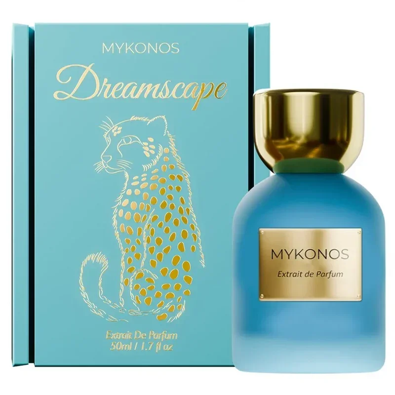 Mykonos Dreamscape Extrait de Parfum Flakon und Verpackung in Hellblau mit goldenem Leoparden-Design
