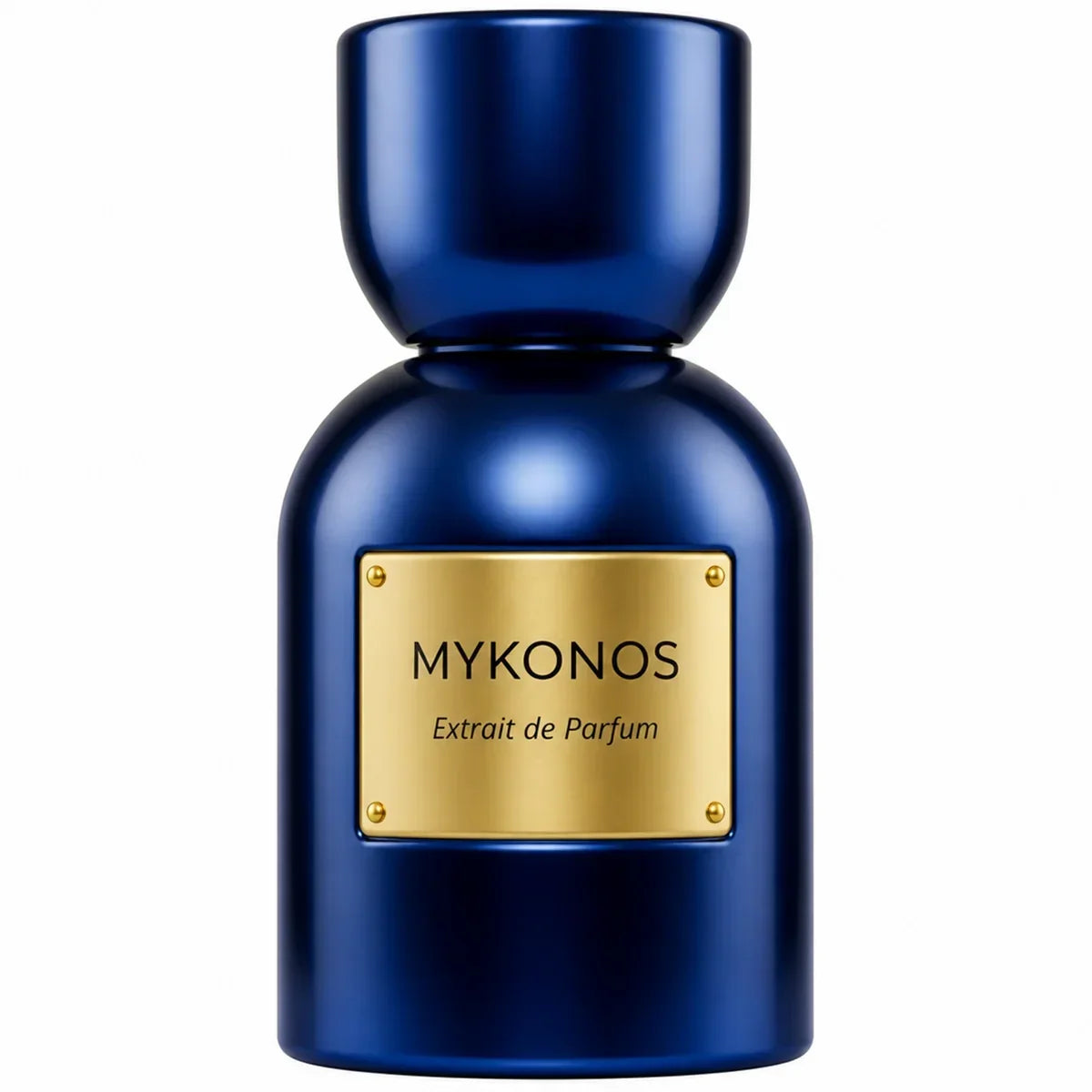 Mykonos Inception Extrait de Parfum in einem dunkelblauen Flakon mit goldener Plakette.