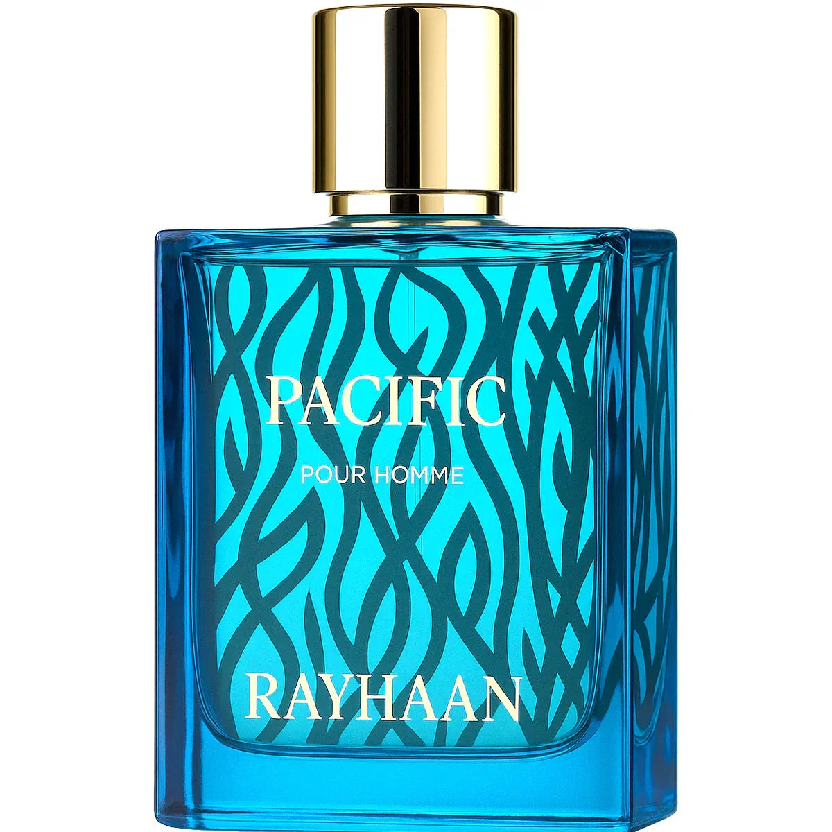 Blauer Herrenduft Flakon Rayhaan Pacific Pour Homme mit goldener Kappe und modernem Muster