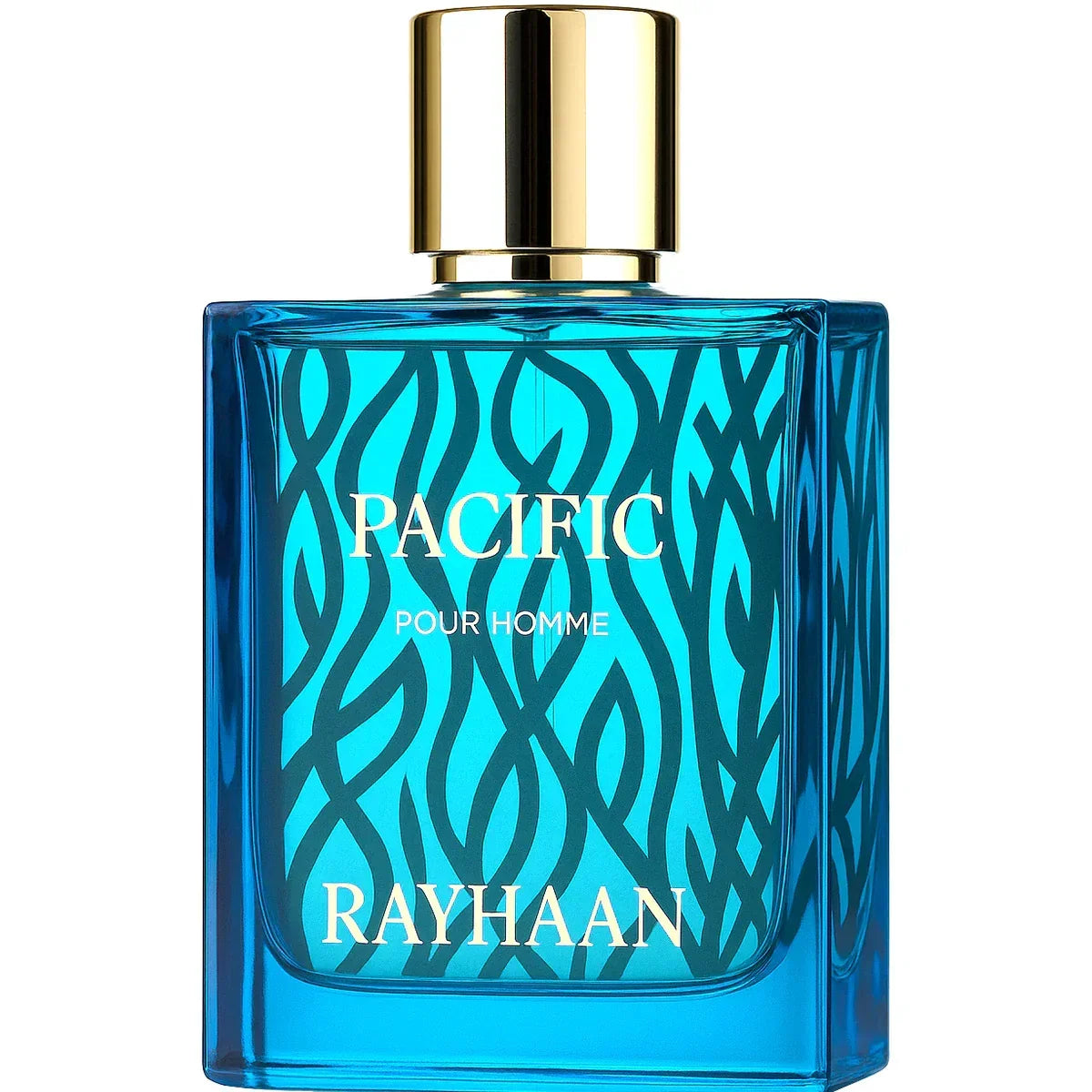 Blauer Herrenduft Flakon Rayhaan Pacific Pour Homme mit goldener Kappe und modernem Muster
