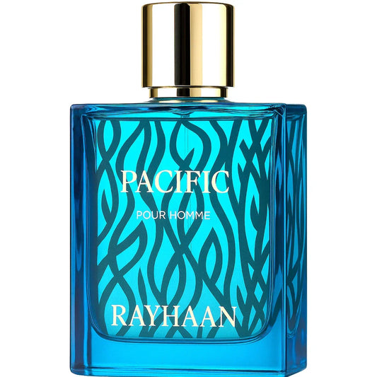 Blauer Herrenduft Flakon Rayhaan Pacific Pour Homme mit goldener Kappe und modernem Muster