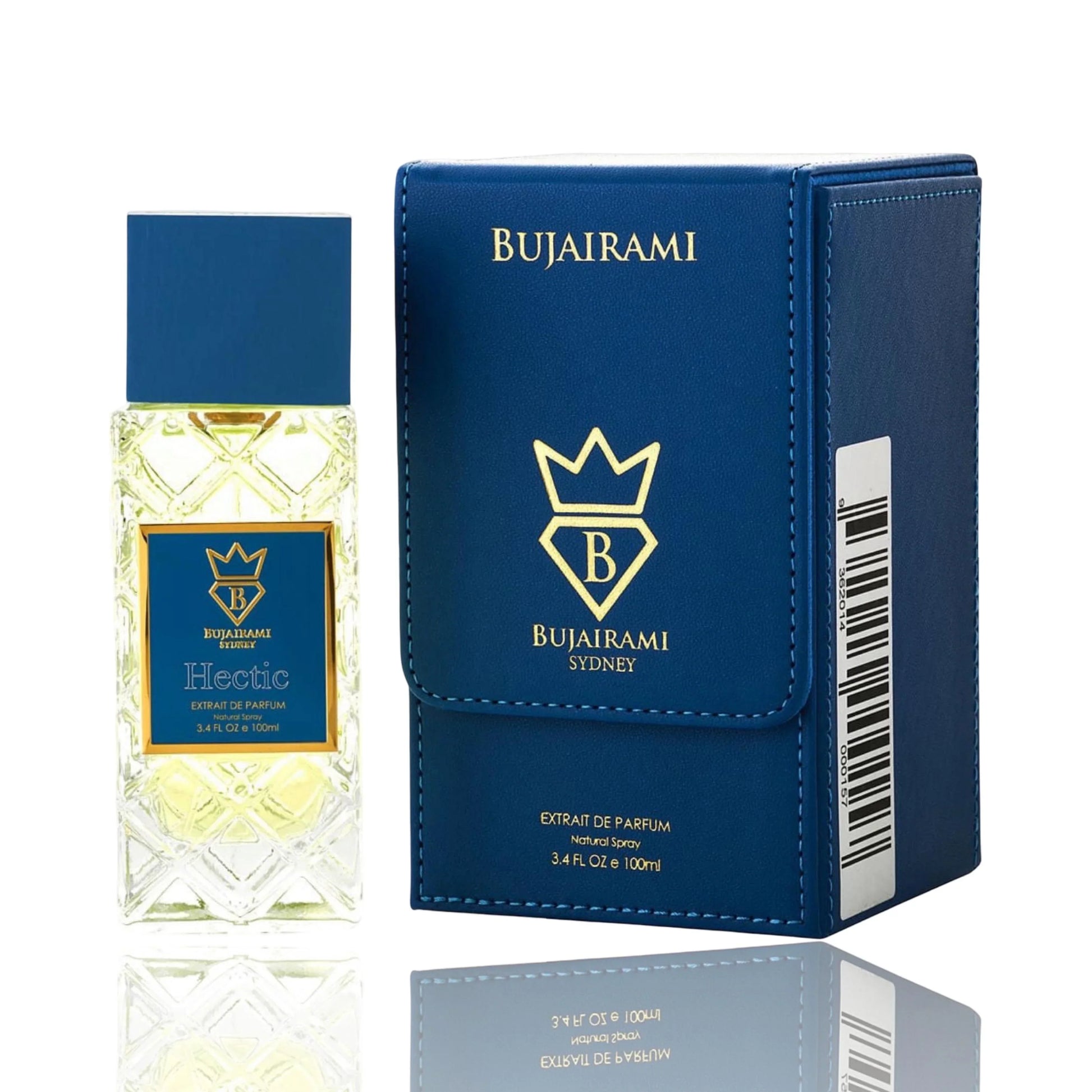 Bujairami Hectic Extrait de Parfum in eleganter Flasche und blauer Verpackung, 100ml