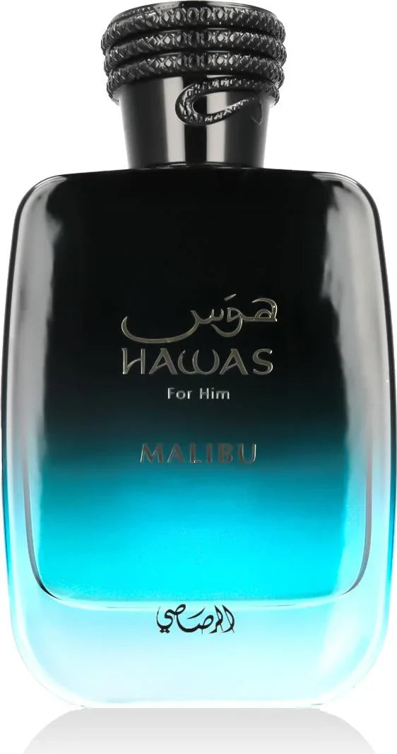 Hawas Malibu Herrenduft, luxuriöses Parfumflakon in Schwarz-Türkis mit edlem Verschluss.