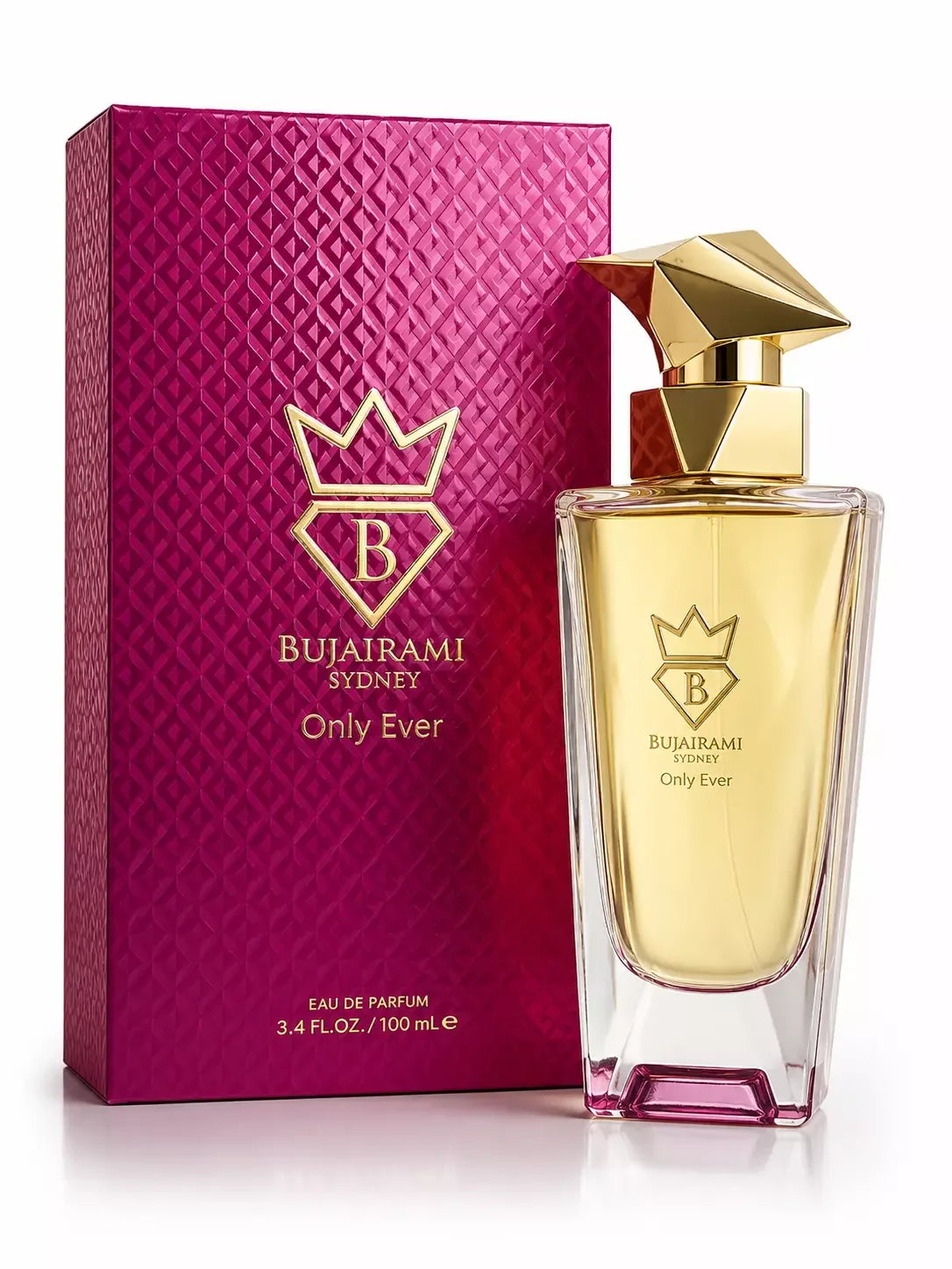 Bujairami Sydney Only Ever Eau de Parfum für Damen mit goldenem Flakon und pinkfarbener Box