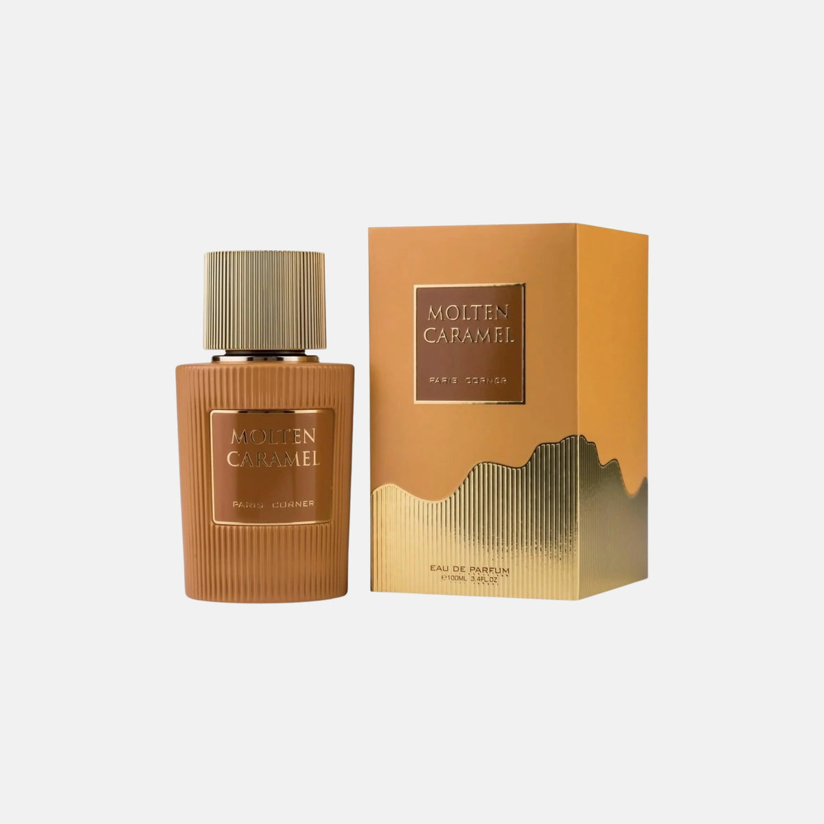 Paris Corner Molten Caramel Eau de Parfum Flakon und Verpackung in Goldbraun
