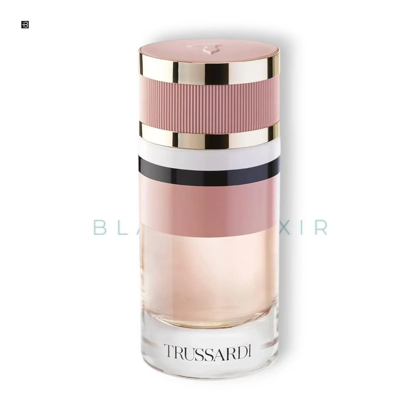Trussardi Luxusparfum Flakon mit rosa, weißem und goldfarbenem Design auf weißem Hintergrund
