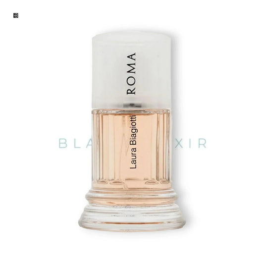 Luxusparfum Laura Biagiotti Roma Flakon mit eleganter, transparenter Kappe auf weißem Hintergrund