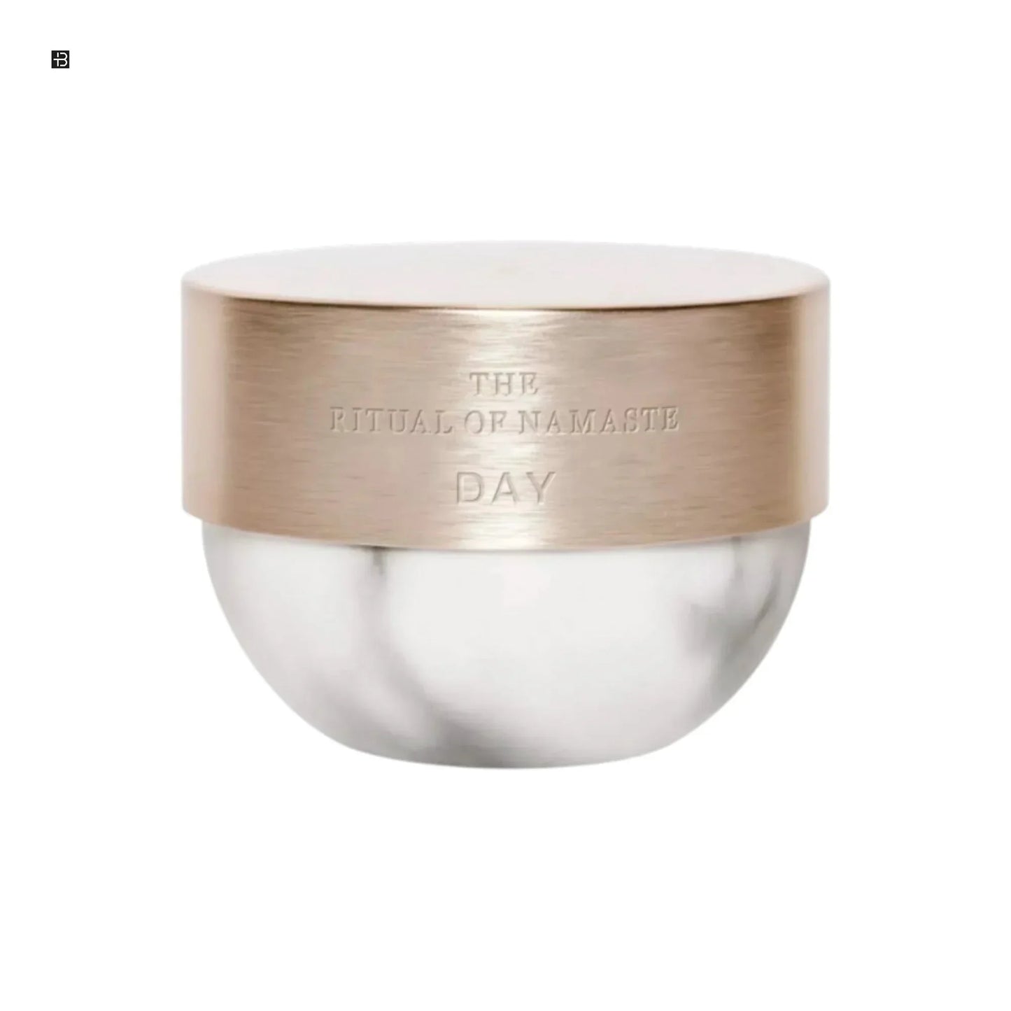 Luxuriöse Gesichtscreme in elegantem Silber-Gold-Tiegel, Aufschrift The Ritual of Namaste Day