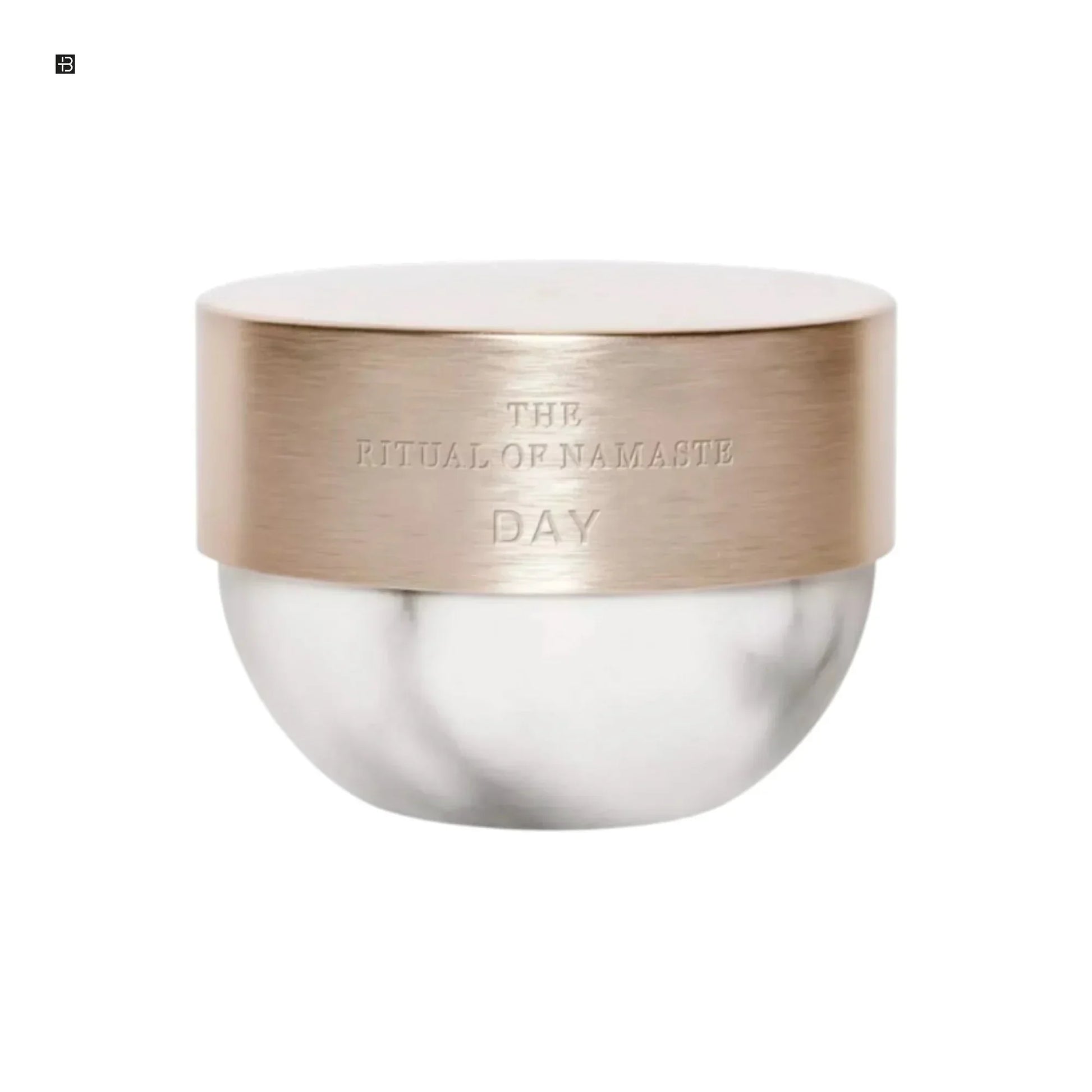 Luxuriöse Gesichtscreme in elegantem Silber-Gold-Tiegel, Aufschrift The Ritual of Namaste Day