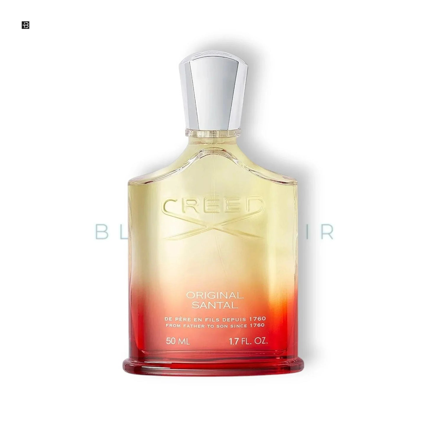Luxusparfum Creed Original Santal Flakon, 50 ml, rot-goldener Glasflasche vor weißem Hintergrund