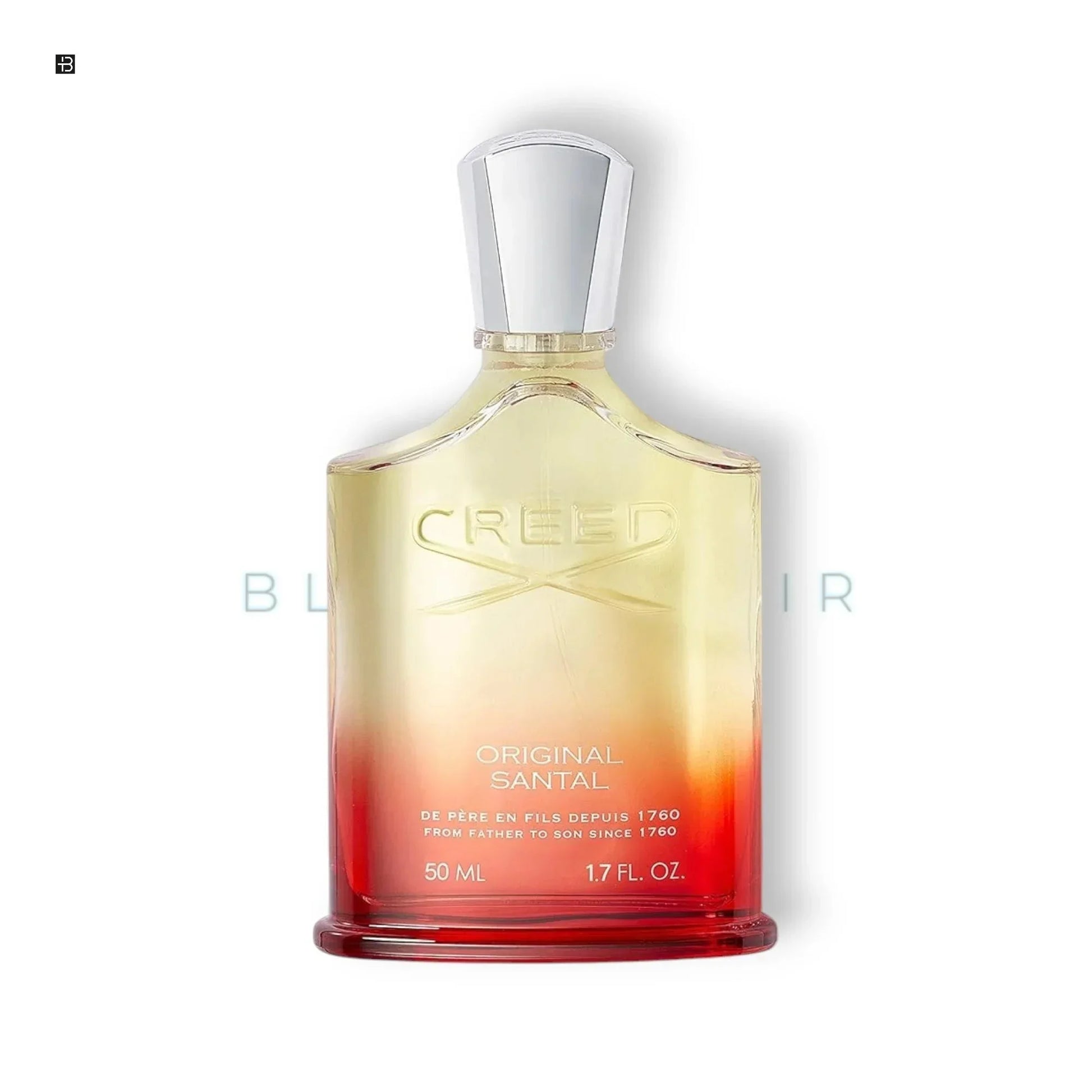 Luxusparfum Creed Original Santal Flakon, 50 ml, rot-goldener Glasflasche vor weißem Hintergrund
