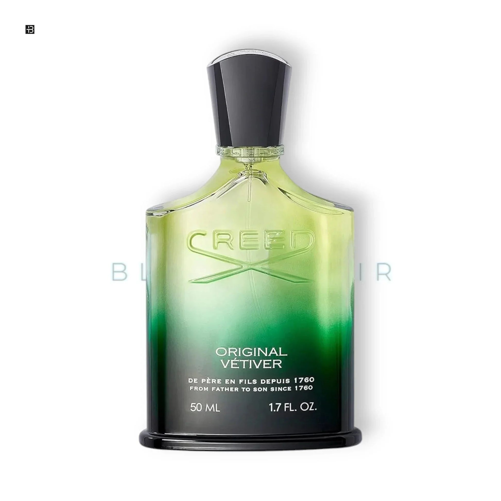 Creed Original Vétiver Parfumflasche 50 ml, luxuriöser grüner Herrenduft auf weißem Hintergrund