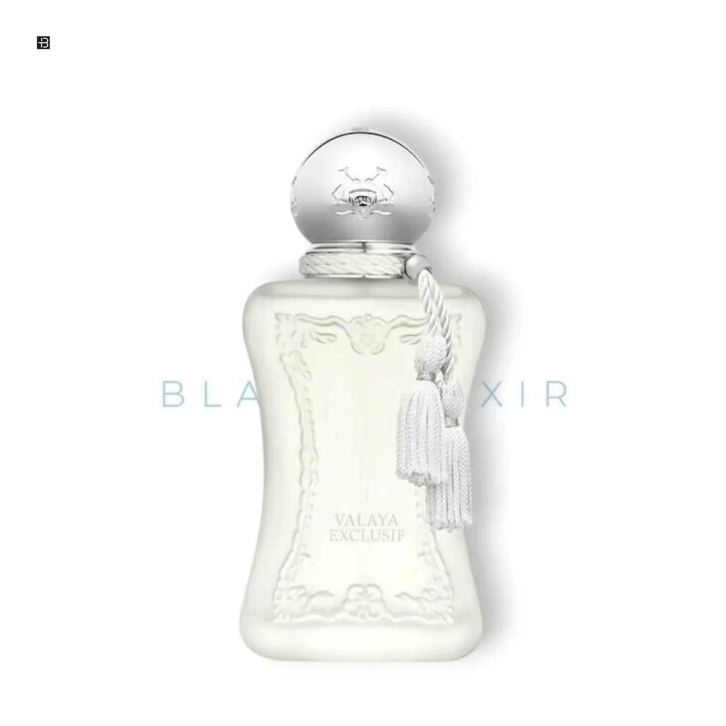 Weißes Parfumflakon mit Relief, silbernem Verschluss und Quaste, Aufschrift 'Valaya Exclusif'.