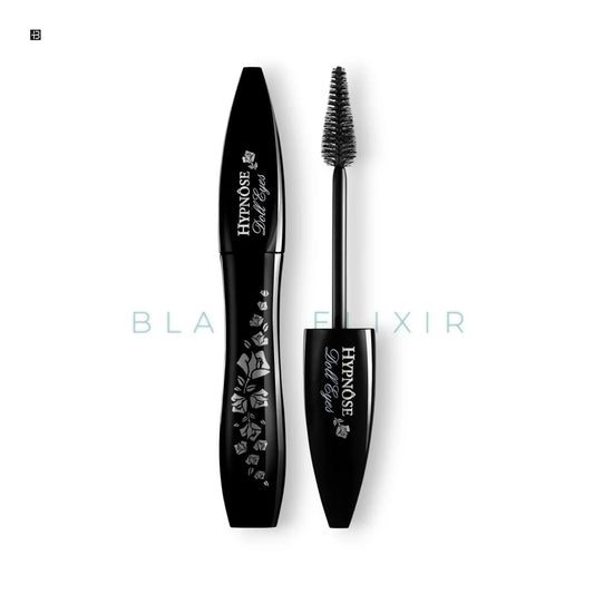 Schwarze Hypnose Doll Eyes Mascara mit Blumenmuster, Bürste offen, weißer Hintergrund