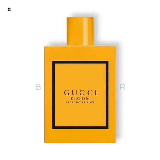 Gelber Parfumflakon mit GUCCI BLOOM Aufschrift, luxuriöses Damenparfum, minimalistisches Design