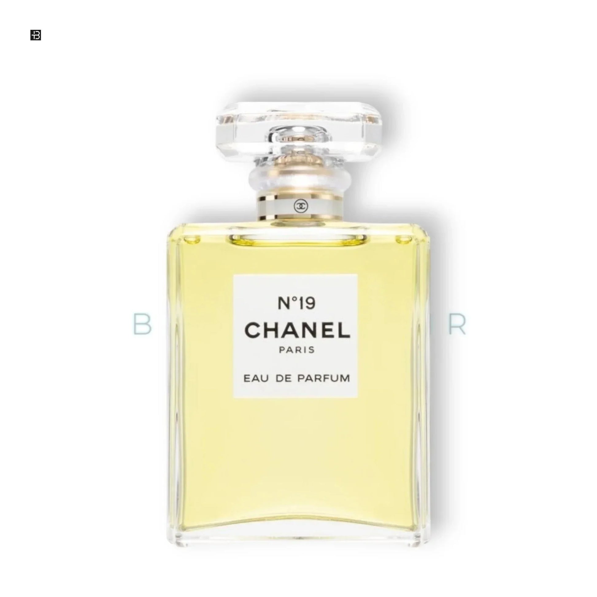 Chanel No. 19 Eau de Parfum Flakon mit gelber Flüssigkeit auf weißem Hintergrund