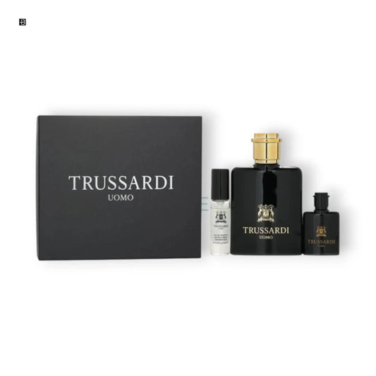 Trussardi Uomo Parfum Giftset mit schwarzem Flakon, Miniatur und Duftprobe für Herren
