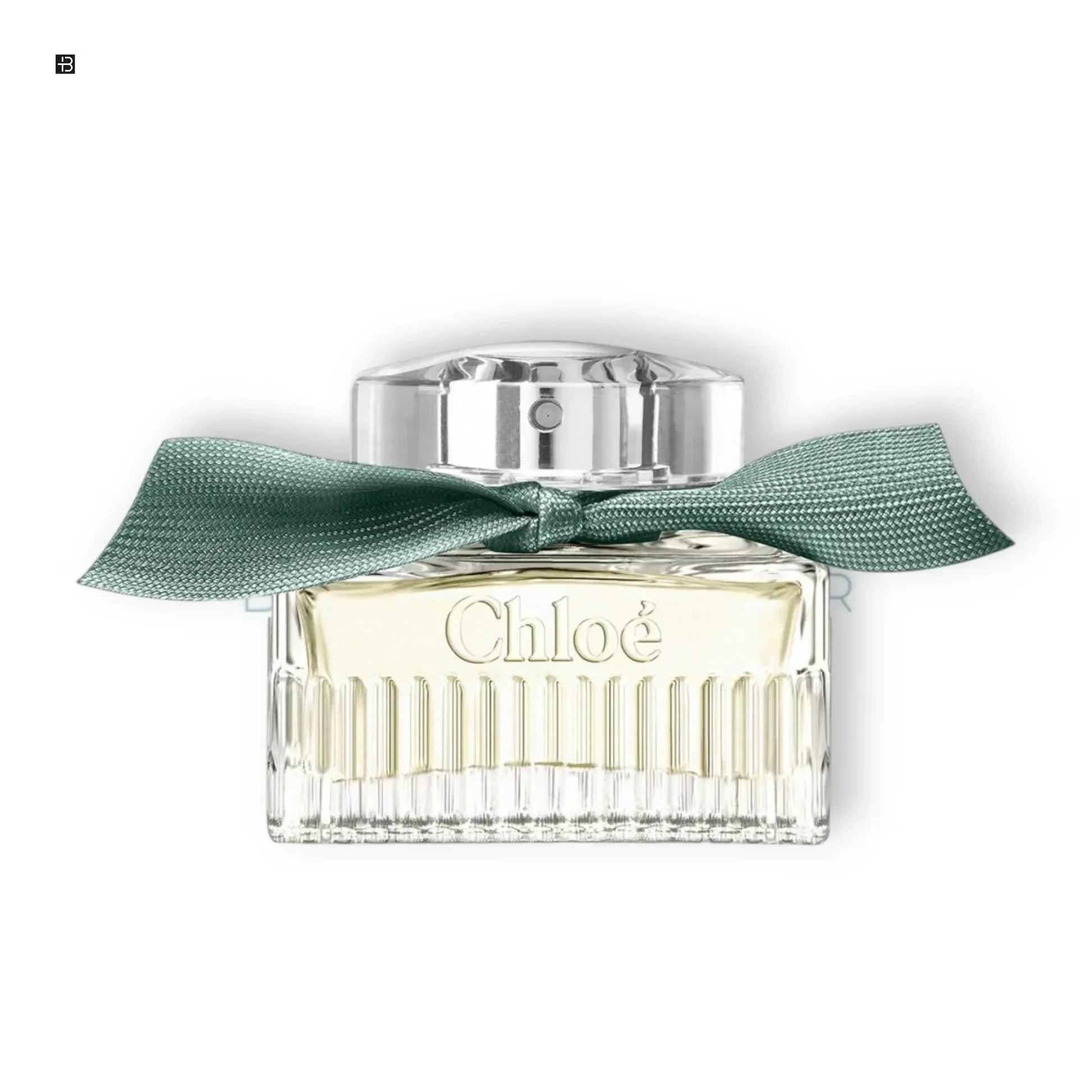 Elegantes Damenparfum in Glasflakon mit silbernem Deckel und grüner Schleife, Aufschrift Chloé