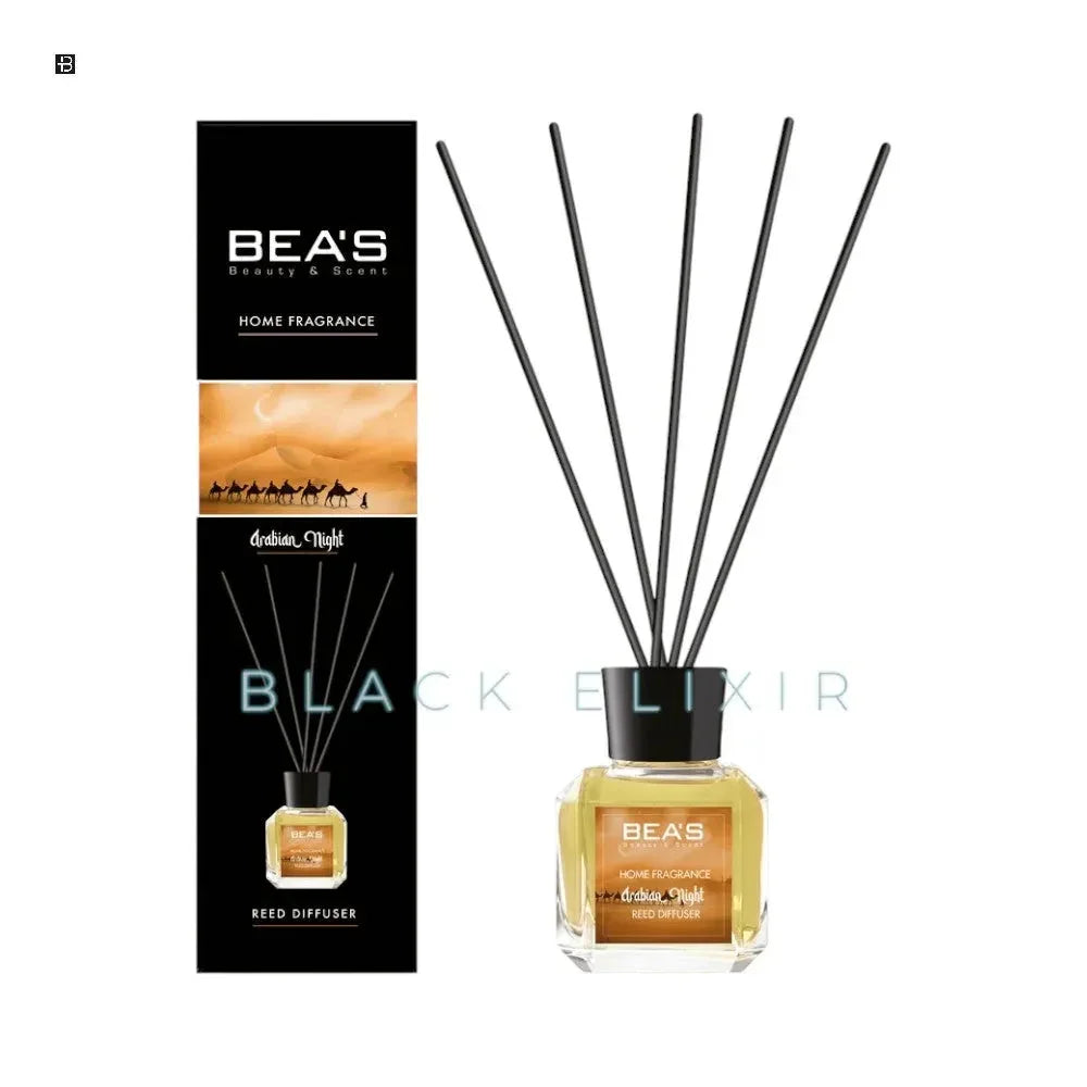 Aromatischer Raumduft Reed Diffuser im Glas mit schwarzen Stäbchen und edler Verpackung.