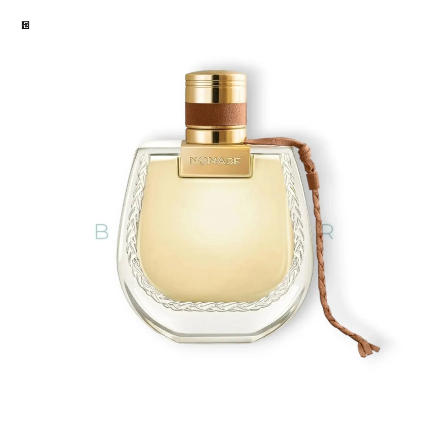 Edles Damenparfum Nomade in eleganter Glasflasche mit goldfarbenem Verschluss und Lederband
