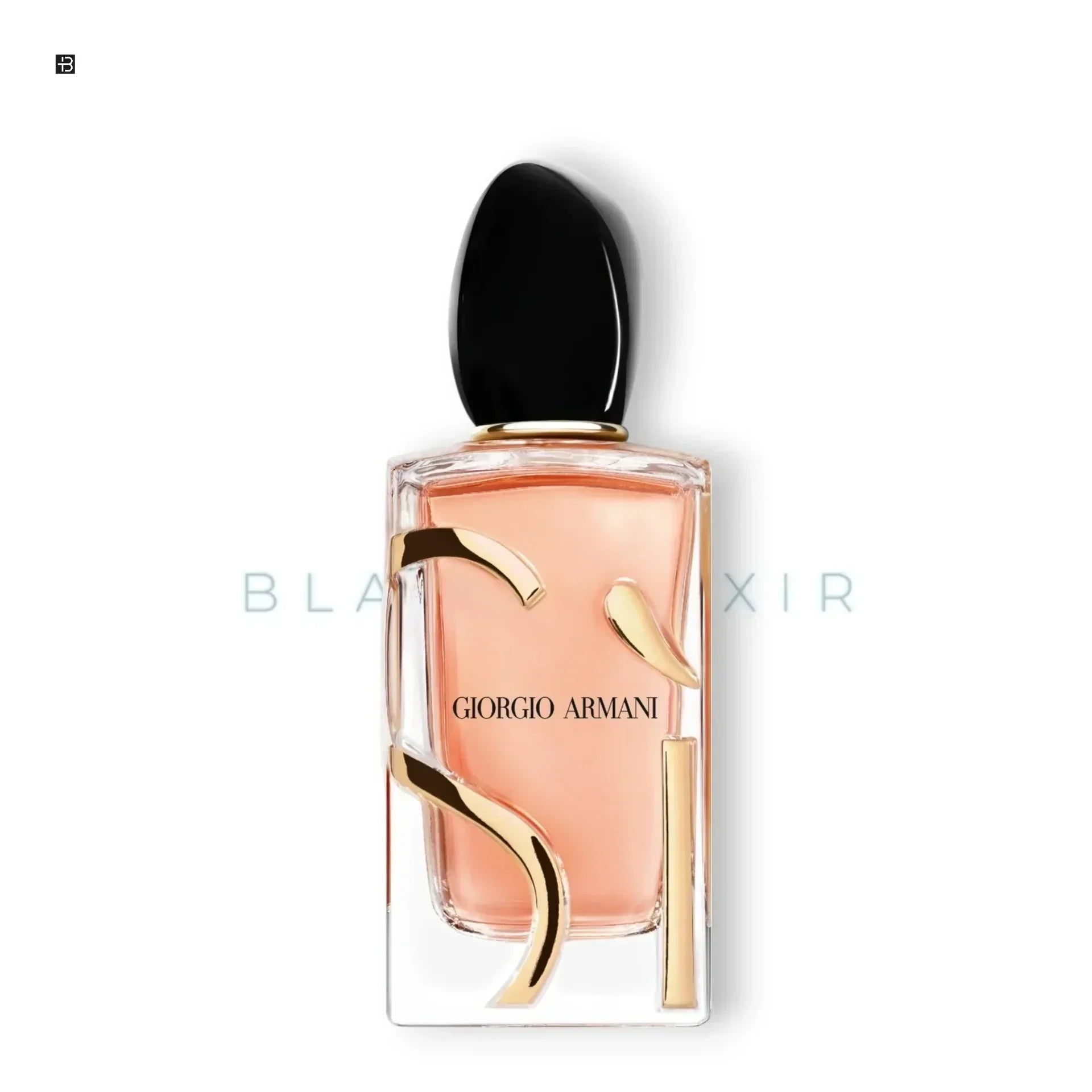Luxusparfum-Flakon mit goldenen Details, rosa Duft, eleganter schwarzer Verschluss