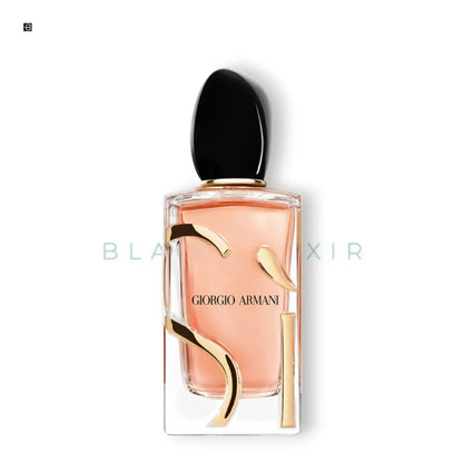 Luxusparfum Flakon mit goldenen Elementen, elegantes Design, rosa Duft, schwarzer Verschluss