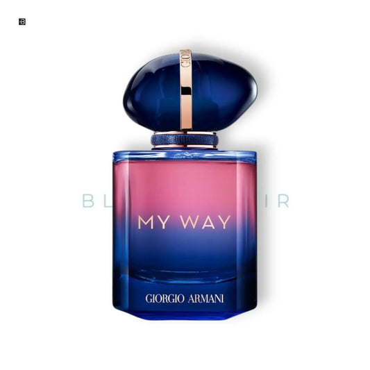 Luxusparfumflakon mit blau-pinkem Farbverlauf und goldener Aufschrift My Way für Damen