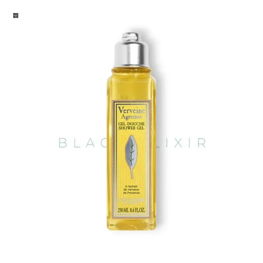 Gelbe Flasche Verveine Agrumes Duschgel 250ml auf weißem Hintergrund, luxuriöse Körperpflege