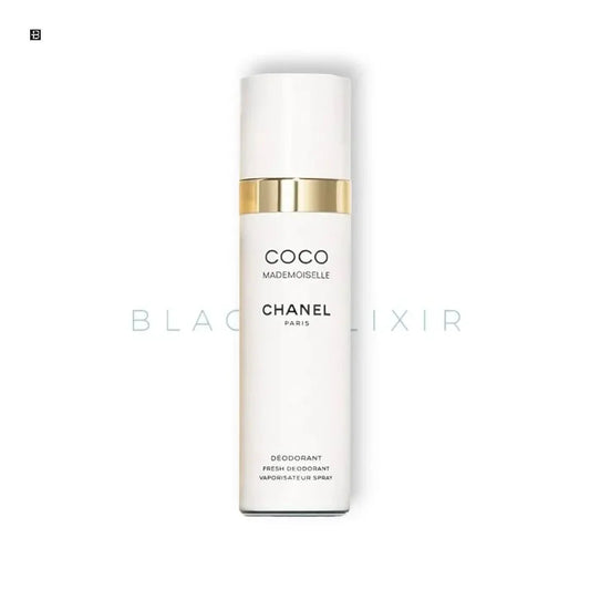 Chanel Coco Mademoiselle Deodorant Spray in weißer Flasche mit goldener Kappe, luxuriöses Damenparfum