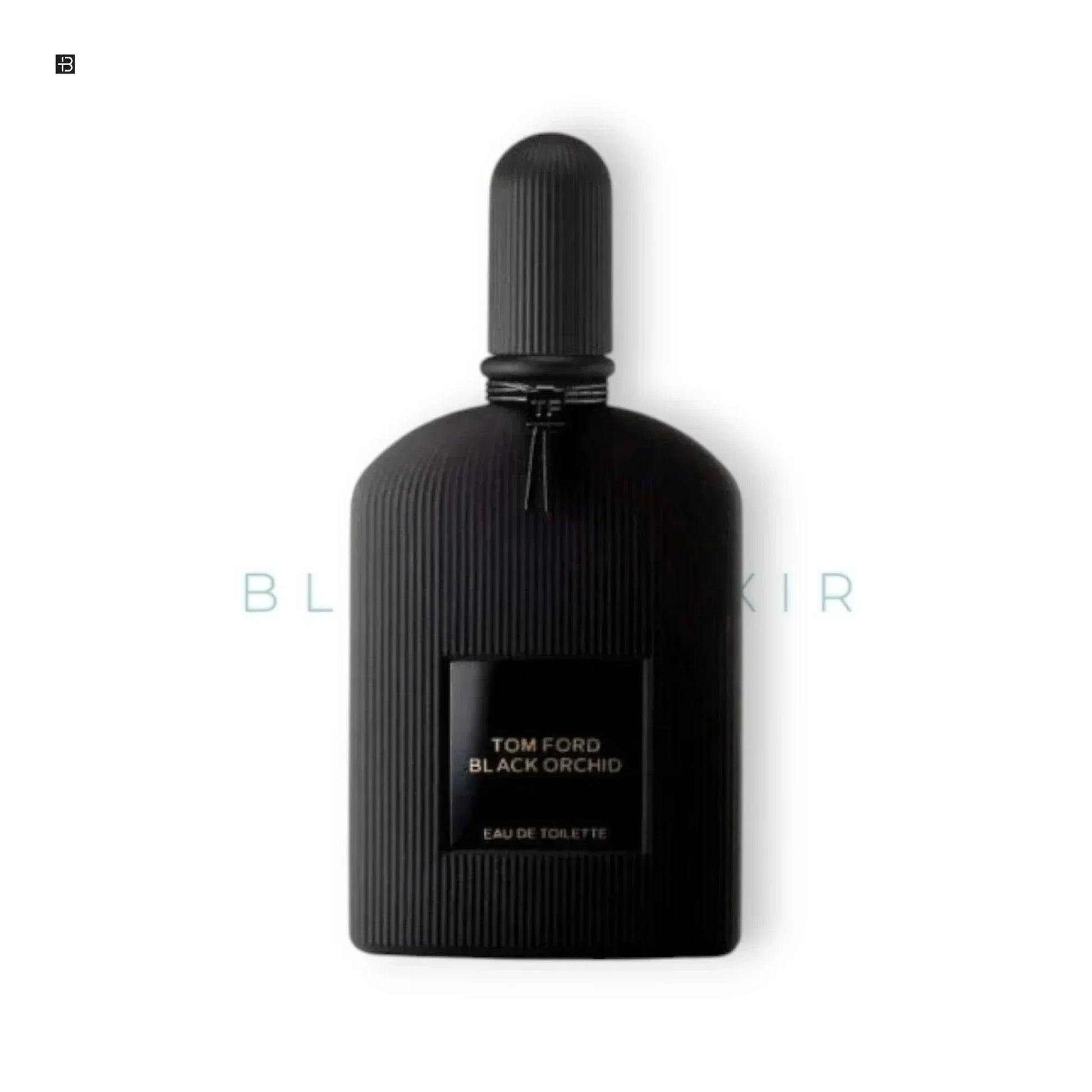 Tom Ford Black Orchid Parfumflakon, luxuriöses schwarzes Design auf weißem Hintergrund