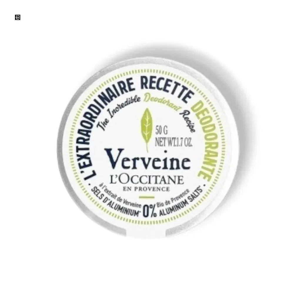Runde Dose L'Occitane Verveine Deo, 50g, aluminiumfrei, frisches Kräuter-Design.