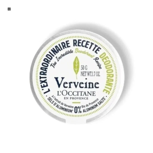 Runde Dose L'Occitane Verveine Deo, 50g, aluminiumfrei, frisches Kräuter-Design.