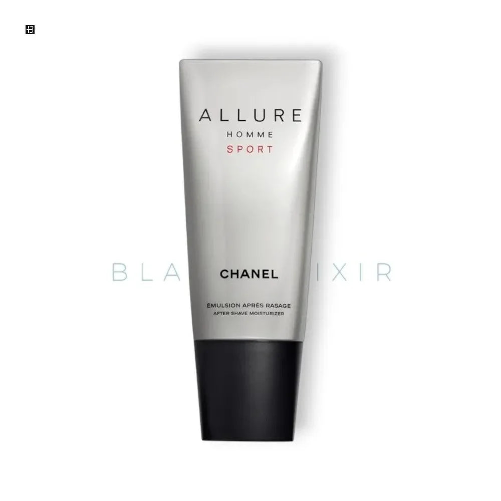 Chanel Allure Homme Sport After Shave Balsam in einer silbernen Tube mit schwarzem Boden.