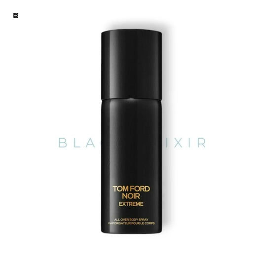 Schwarzer Flakon Tom Ford Noir Extreme Body Spray auf weißem Hintergrund, luxuriöses Parfum für Herren
