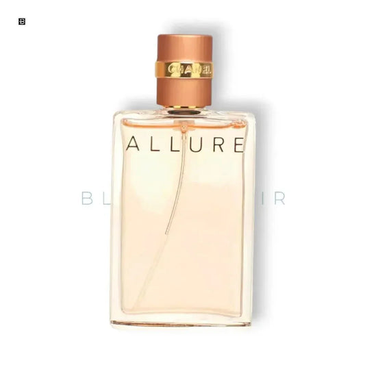 Luxus Damenparfum Flakon Allure mit goldener Kappe, elegantes Design auf weißem Hintergrund