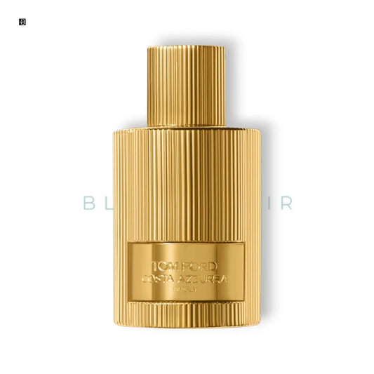 Luxuriöses Parfumflakon in Gold, Tom Ford Costa Azzurra, auf weißem Hintergrund