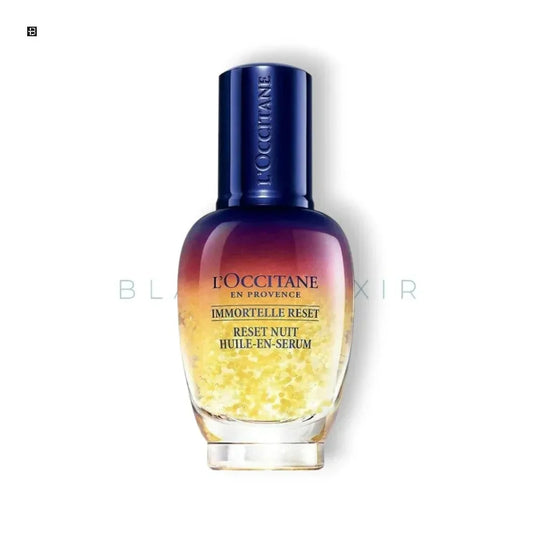 Luxus Serumflakon L'OCCITANE Immortelle Reset mit goldgelbem Inhalt auf weißem Hintergrund
