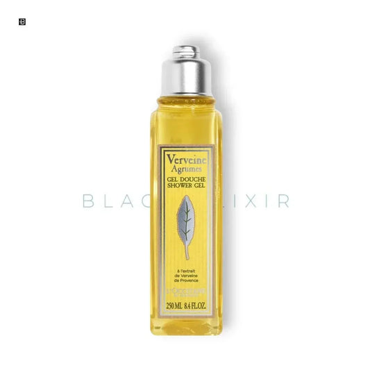 Luxuriöses Duschgel mit Zitronenverbene, 250 ml, stilvolle gelbe Flasche auf weißem Hintergrund