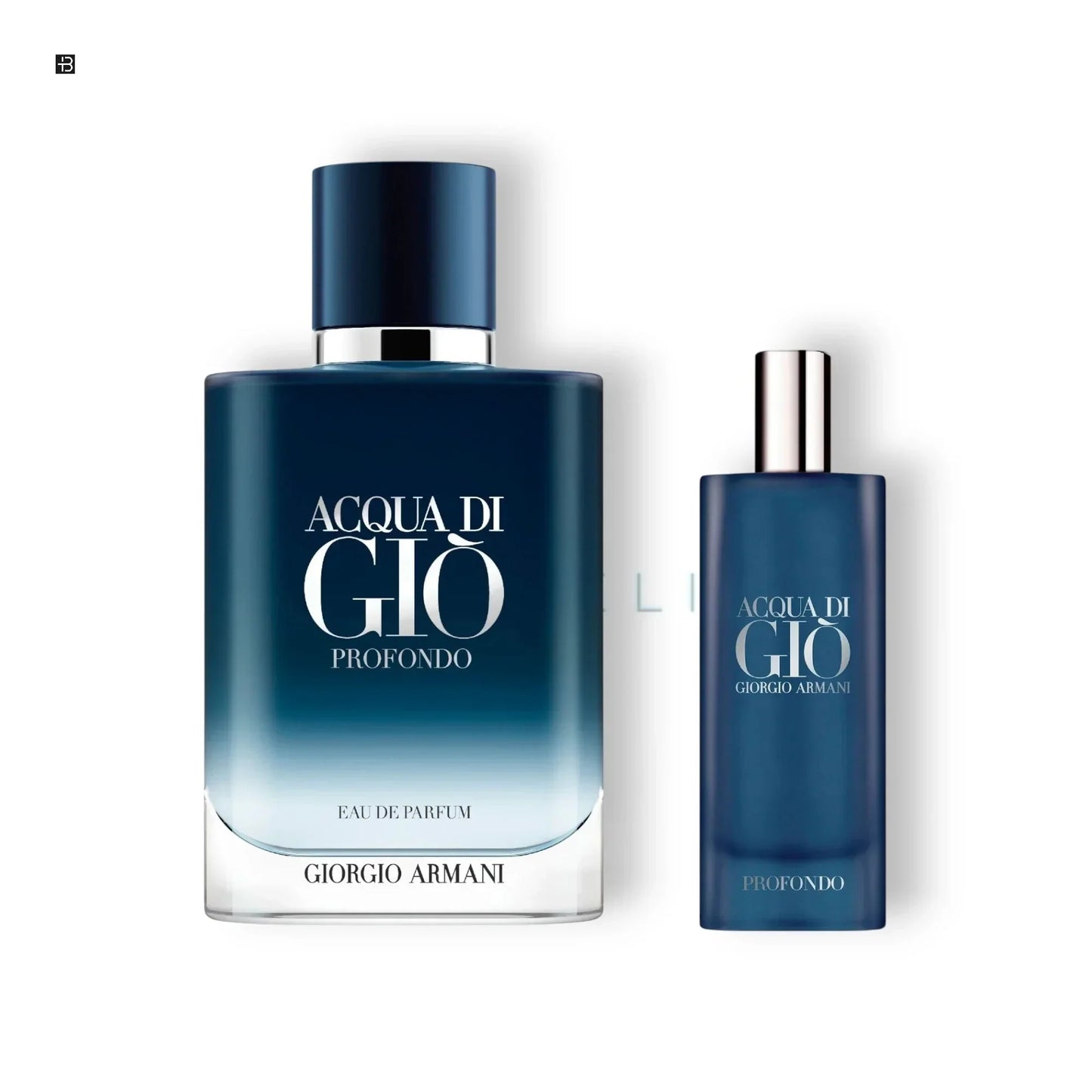 Zwei blaue Acqua di Giò Profondo Parfumflaschen mit silbernem Schriftzug, luxuriöser Herrenduft