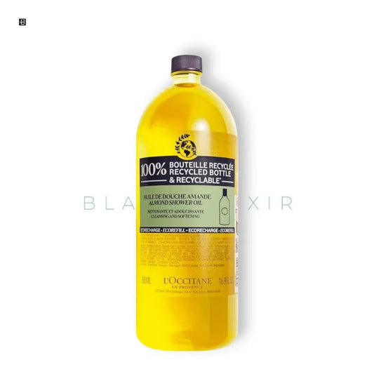 Große gelbe Flasche Duschöl mit Mandelduft, recycelbare Verpackung, 500ml Inhalt.