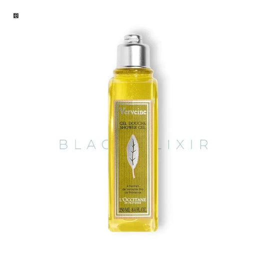Gelbes Duschgel L'OCCITANE Verveine, 250ml Flasche, mit silbernem Deckel, auf weißem Hintergrund