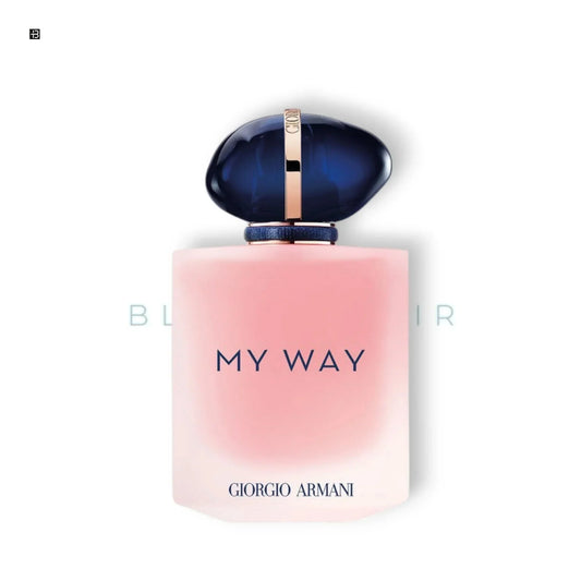 Luxusparfum Flakon MY WAY mit rosa Glasflasche und elegantem dunkelblauem Verschluss