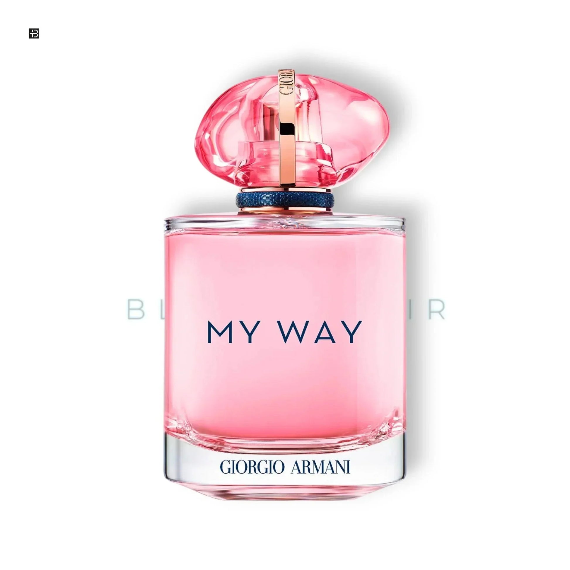 Flakon My Way Giorgio Armani Damenparfum mit rosafarbenem Duft auf weißem Hintergrund